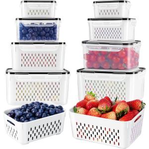 image8 PCS Fruit Storage Containers for Fridge with Removable Colander Airtight Food Storage Container Dishwasher Safe Produce Saver Container for Refrigerator Keep Berry Fruit Vegetable Fresh Longer