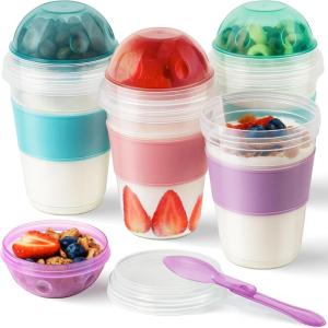 imageFreshmage 4 Pack 20 oz Yogurt Parfait Cups with Lids Reusable Overnight Oats Containers with Lids Folding Spoons and Topping Compartment for Breakfast to Go