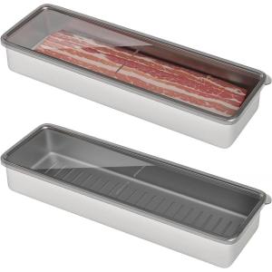 imageFreshmage Bacon Container for Refrigerator 304 Stainless Steel Airtight Deli Meat Storage Container for Fridge Dishwasher Safe Long Kitchen Food Storage Containers with Lids with Elevated Base 1 PACK