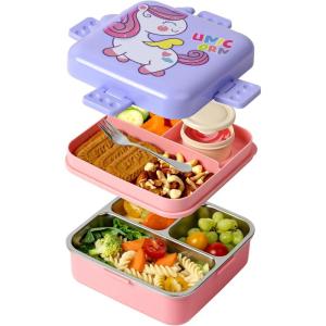 imageFreshmage Bento Box DoubleLayer Lunch Box Container with 3 Compartments Large Capacity Leakproof and BPA Free Bento Lunch Box Durable DropProof Dishwasher and Microwave Safe PinkStainless Steel
