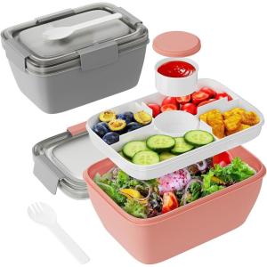 imageFreshmage Large Salad Container for Lunch 2 Packs 68oz Salad Bowls with 5 Compartments Salad Dressings Container for Salad Toppings Snacks Men Women PinkBlueGrayPink