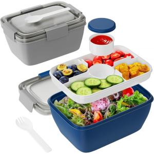 imageFreshmage Large Salad Container for Lunch 2 Packs 68oz Salad Bowls with 5 Compartments Salad Dressings Container for Salad Toppings Snacks Men Women PinkBlueGrayBlue