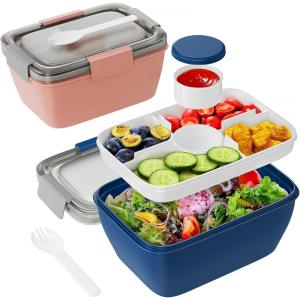 imageFreshmage Large Salad Container for Lunch 2 Packs 68oz Salad Bowls with 5 Compartments Salad Dressings Container for Salad Toppings Snacks Men Women PinkBluePinkBlue
