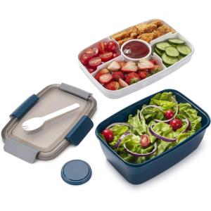 imageFreshmage Salad Container for Lunch with Ice Pack Leakproof BPAFree 52oz Lunch Container with 4 Compartments Salad for Men Women PinkIce PackBlueXL