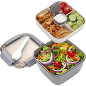imageFreshmage Salad Container for Lunch with Ice Pack Leakproof BPAFree 52oz Lunch Container with 4 Compartments Salad for Men Women PinkIce PackGray