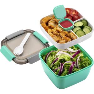 imageFreshmage Salad Container for Lunch with Ice Pack Leakproof BPAFree 52oz Lunch Container with 4 Compartments Salad for Men Women PinkIce PackGreen