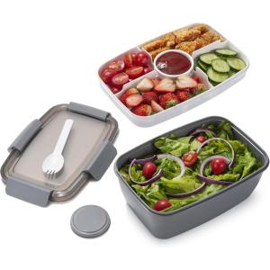 imageFreshmage Salad Container for Lunch with Ice Pack Leakproof BPAFree 52oz Lunch Container with 4 Compartments Salad for Men Women PinkIce PackGreyXL