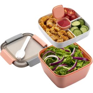 imageFreshmage Salad Container for Lunch with Ice Pack Leakproof BPAFree 52oz Lunch Container with 4 Compartments Salad for Men Women PinkIce PackPink