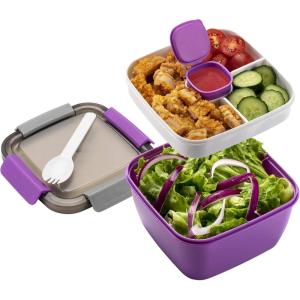 imageFreshmage Salad Container for Lunch with Ice Pack Leakproof BPAFree 52oz Lunch Container with 4 Compartments Salad for Men Women PinkIce PackPurple