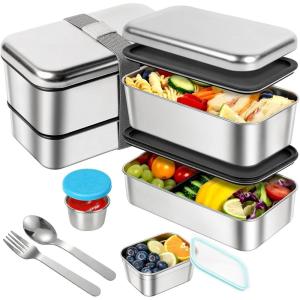 imageStackable Stainless Steel Bento Box for Adults with Snack Container Metal LeakProof Food Containers with Detachable Divider Double Layer Bento Lunch Box for Work Travel BPAFree Dishwasher Safe