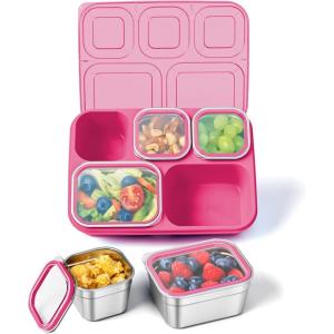 imageStainless Steel Snackle Box Container 5 Compartment Lunch Bento Box Reusable Food Storage Snack Box for School Work and Travel BPA Free and Dishwasher Safe Pink 1 PackPink