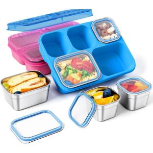 imageStainless Steel Snackle Box Container 5 Compartment Lunch Bento Box Reusable Food Storage Snack Box for School Work and Travel BPA Free and Dishwasher Safe Pink 1 PackPinkBlue