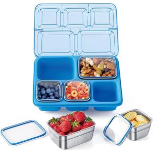 imageStainless Steel Snackle Box Container 5 Compartment Lunch Bento Box Reusable Food Storage Snack Box for School Work and Travel BPA Free and Dishwasher Safe Pink 1 PackBlue