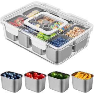 imageSnackle Box Container Stainless Steel Divided Serving Tray with Lid and Handle 8 Compartment Portable Snack Platters  Clear Storage Organizer for Fruit Candy Nuts Veggie  Perfect for Travel Party