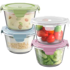 image30oz Glass Meal Prep Containers with Lids Airtight 375 Cup Food Storage Containers Set HeatResistant BPAFree Glass Containers for Soup Leftover Microwave Dishwasher and Freezer Safe 4 PacksMulticolorClear